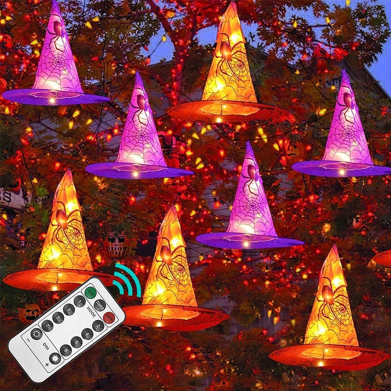 FUNPENY Halloween Decoration Lights, 8 PCS Waterproof Hanging Witch Hat with String Lights with Remote, Hanging Halloween Decorations for Indoor Outdoor Garden Yard Party Decor - Image 1